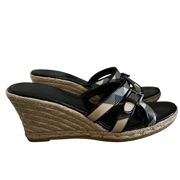 Burberry Nova Check Black Patent Leather Espadrille Wedges Size 40 - Picture 5 of 11